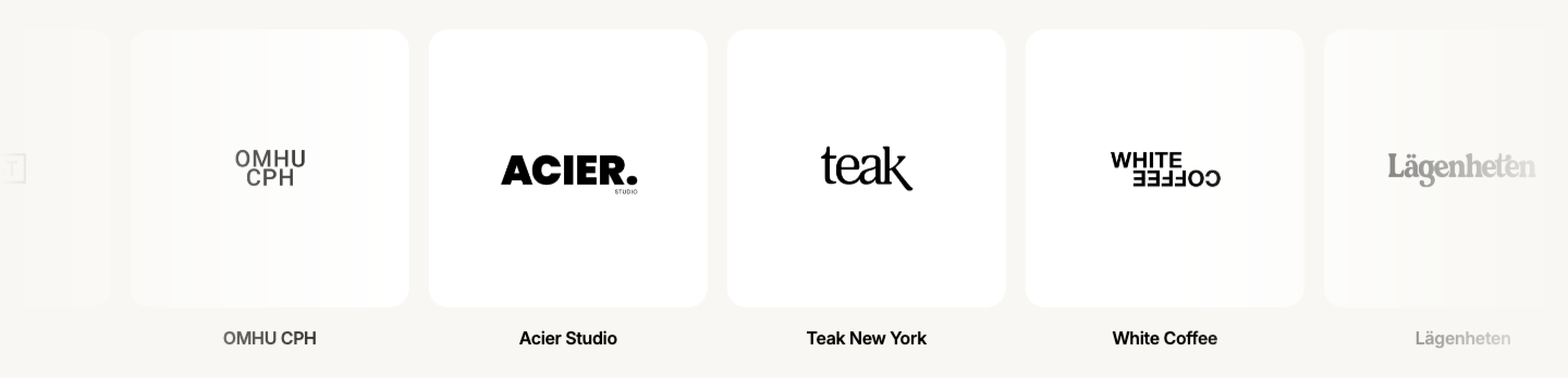Adflair client brands including OMHU CPH, Acier Studio, Teak New York, White Coffee, and Lägenheten