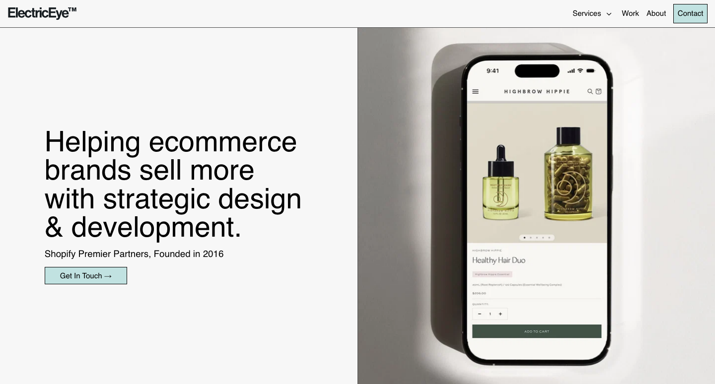 Electric Eye homepage: Helping ecommerce brands sell more with strategic design and development