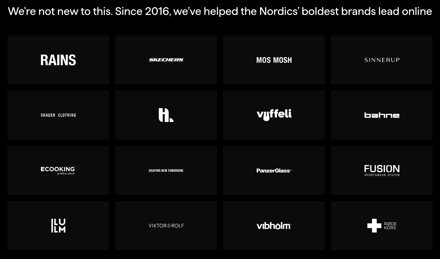 Grafikr client brands including Rains, Skechers, MOS MOSH, Ecooking, PanzerGlass, and Viktor & Rolf