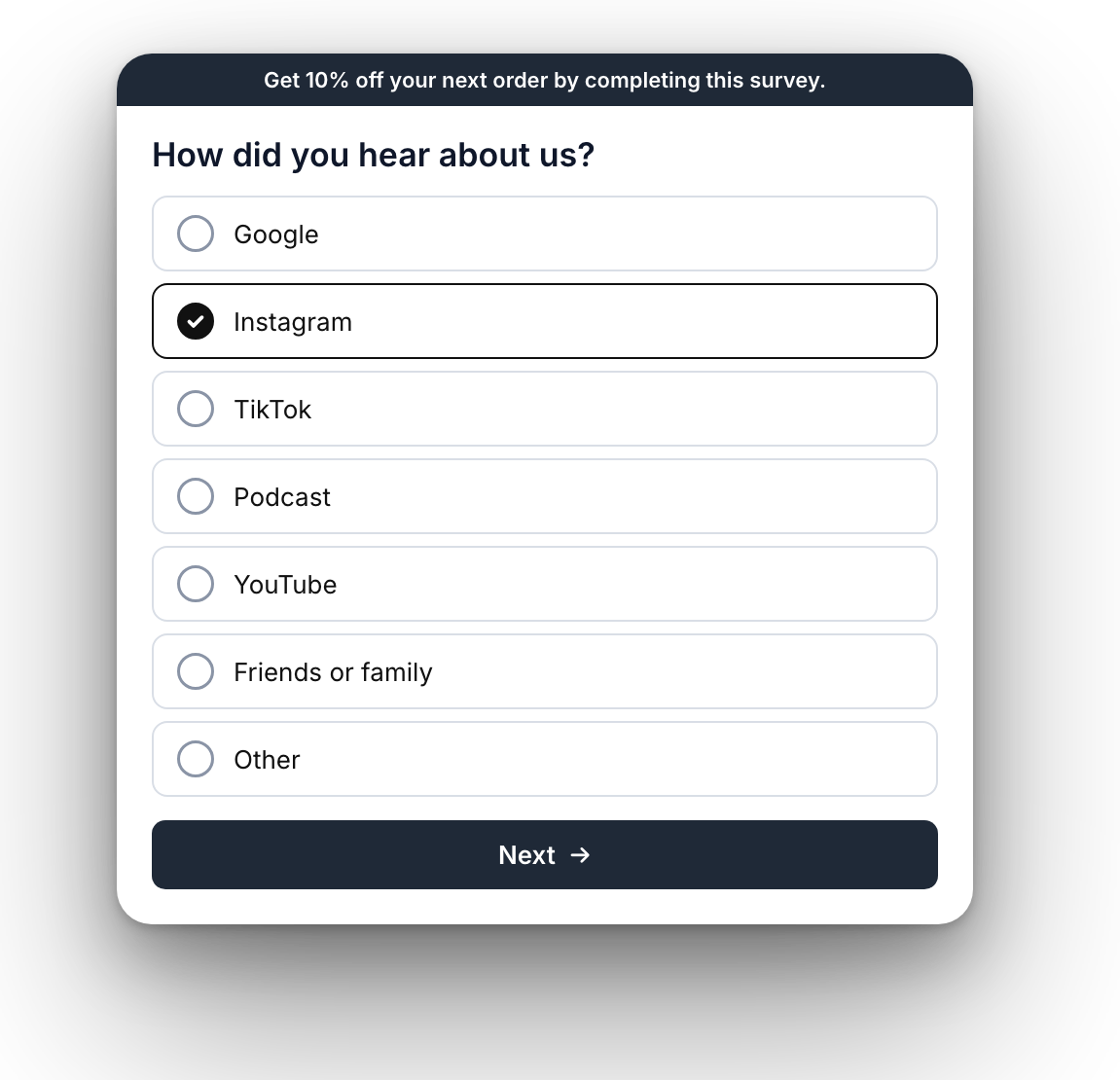 Survey asking how the customer heard about the store, Instagram selected