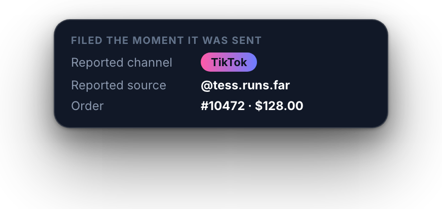 The typed answer filed as channel TikTok and source @tess.runs.far