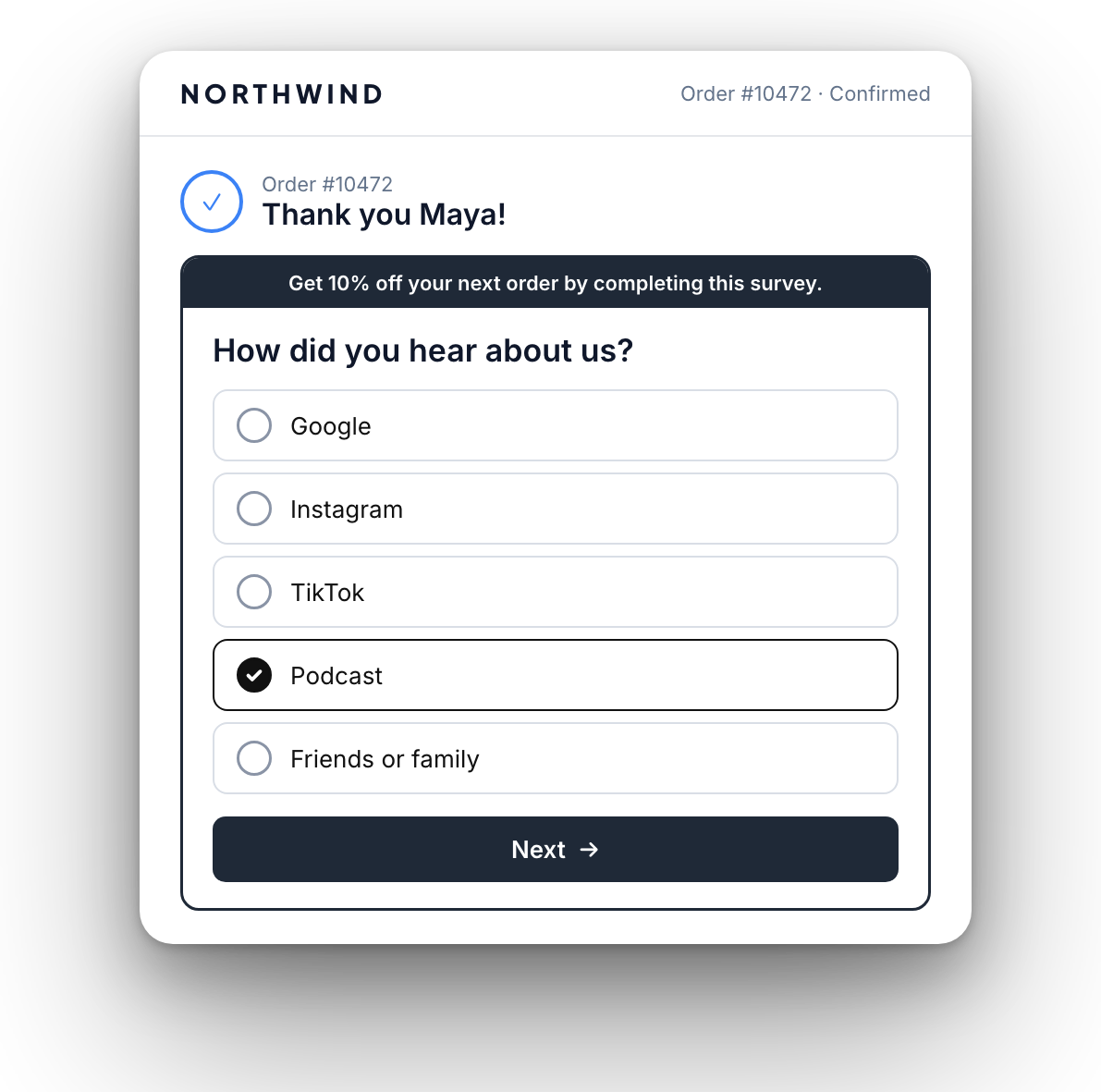 Post-purchase survey on the Shopify thank-you page