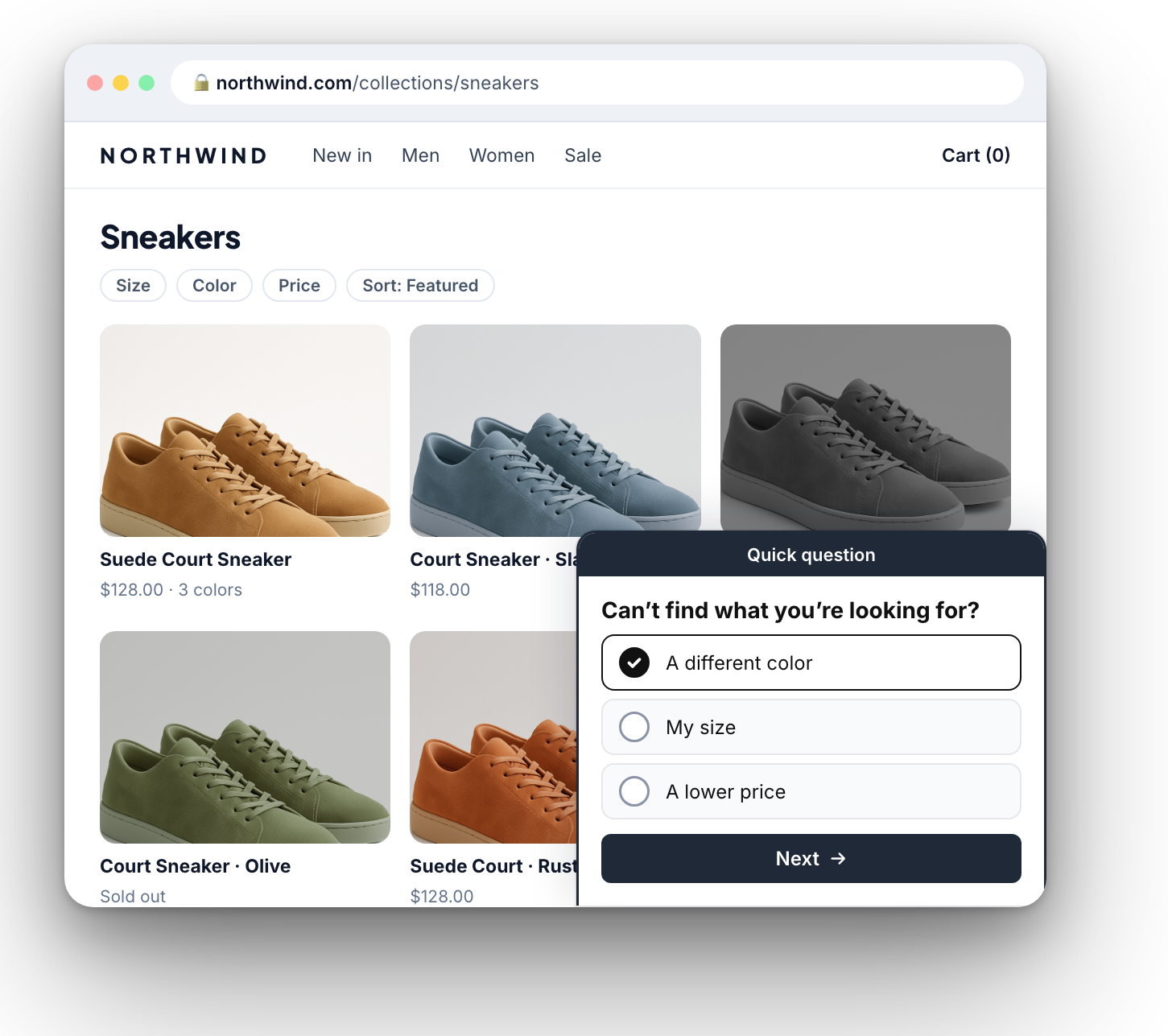 Collection page with an on-site survey asking whether the shopper found what they were looking for