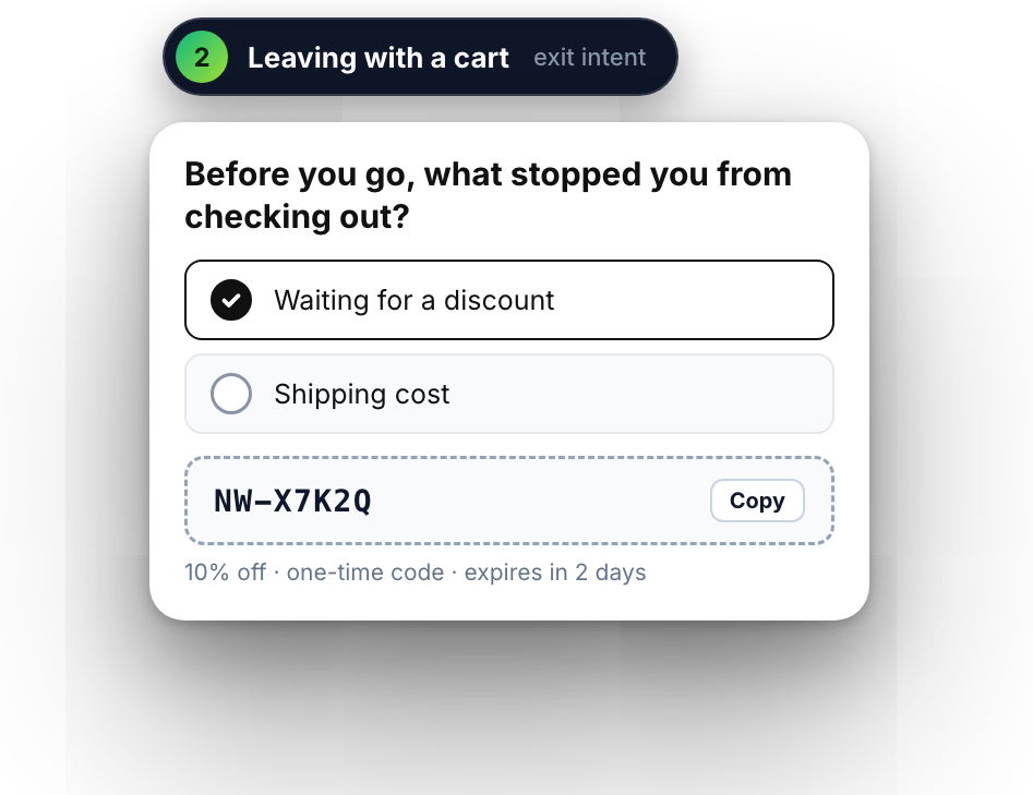 Exit-intent survey for a shopper leaving with a cart, answered with a one-time discount code