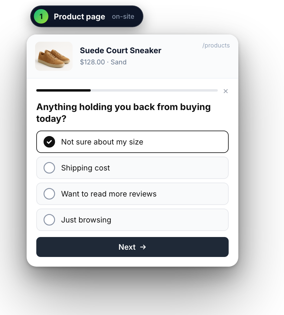 Product page survey asking what is holding the shopper back from buying