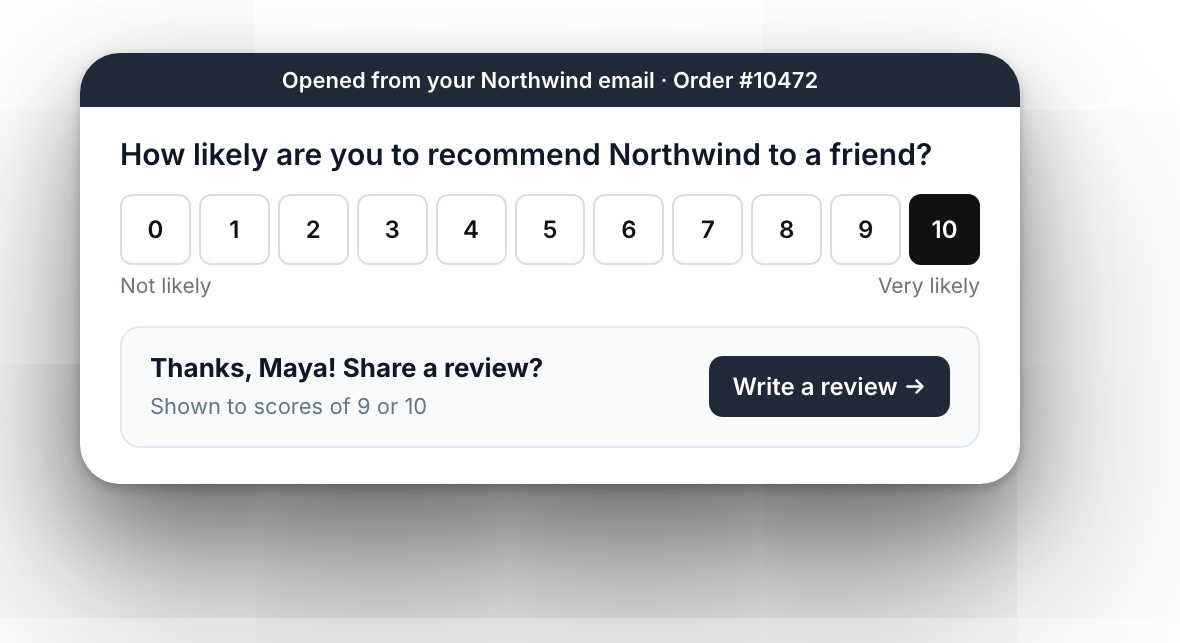 NPS survey opened from an email, with a review request for a score of 10