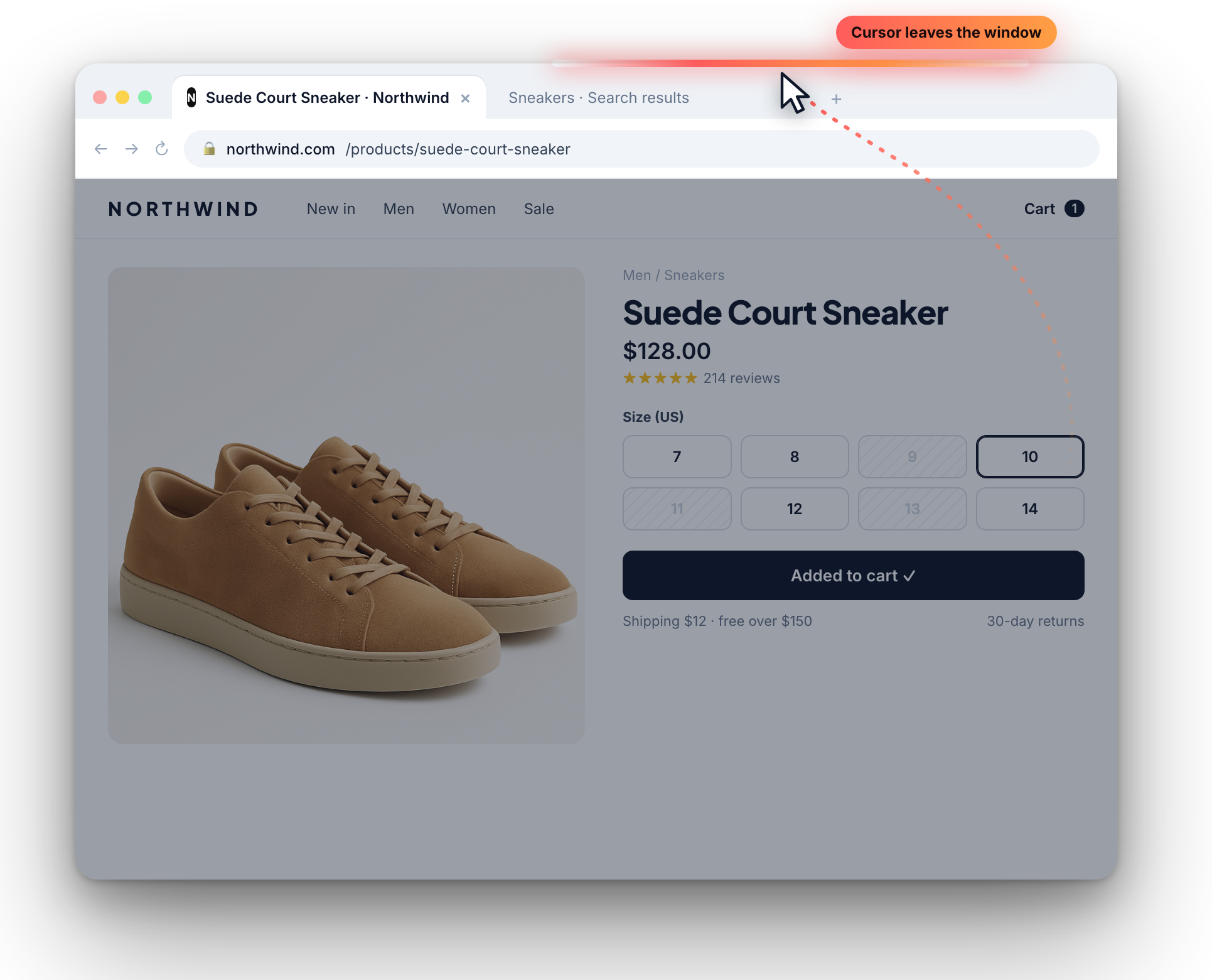 Northwind product page with the cursor leaving the browser window