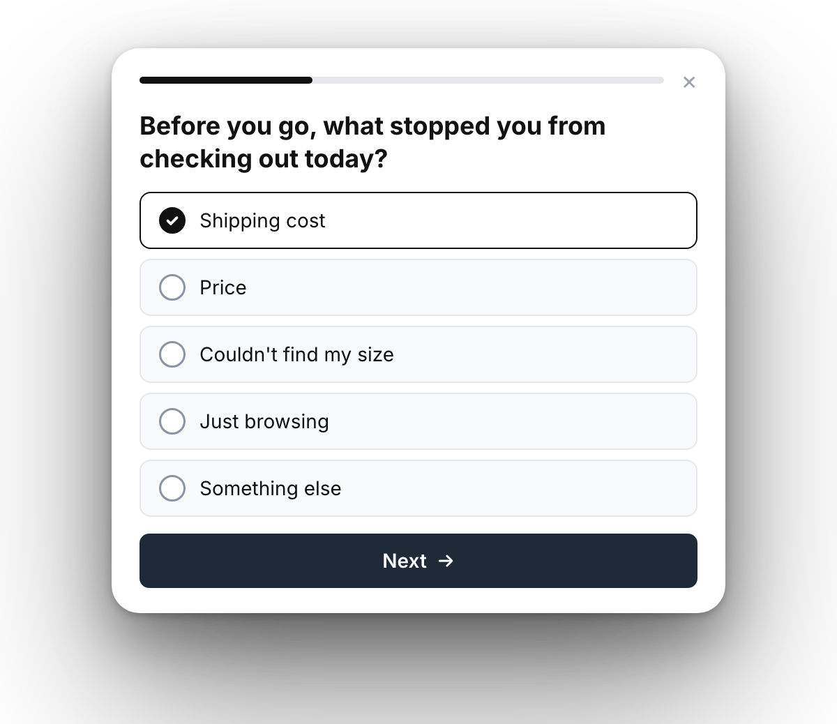 Exit-intent survey asking what stopped the shopper from checking out