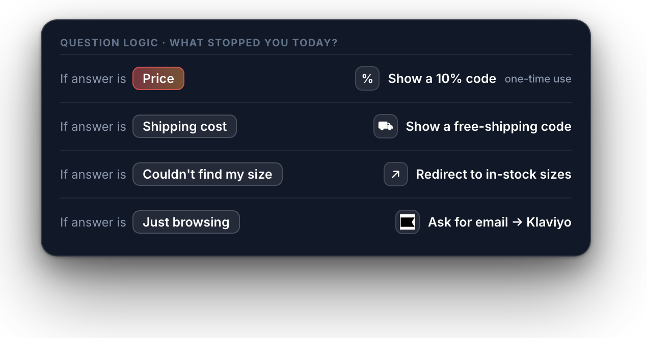 Logic by answer: discount code, free shipping, redirect, email signup