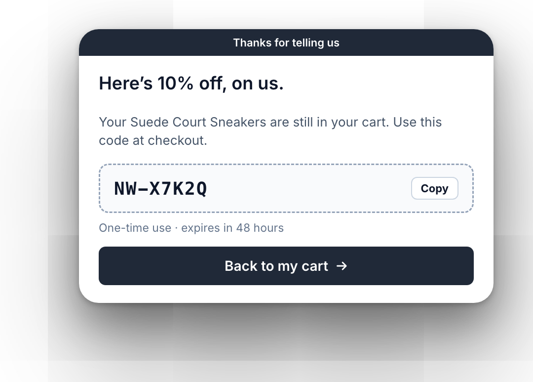 One-time 10% discount code shown to a shopper who chose price
