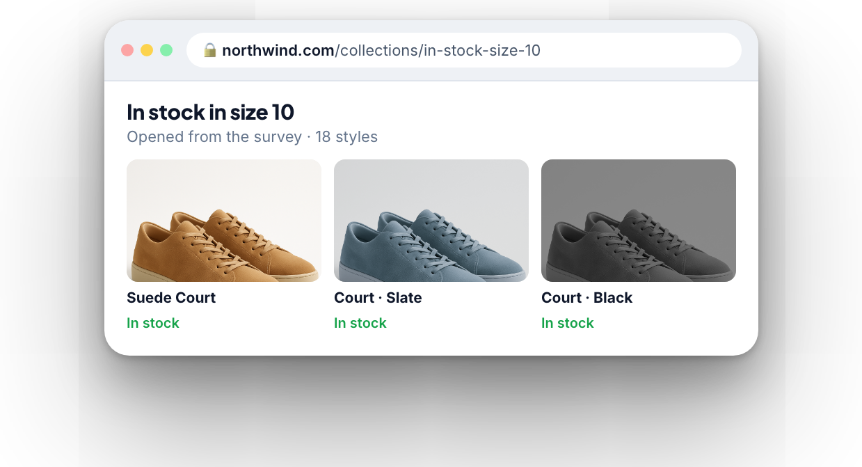 Redirect to a collection of sizes in stock