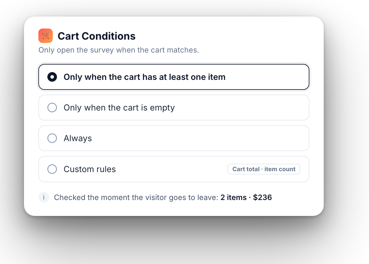 Cart conditions: only when the cart has at least one item