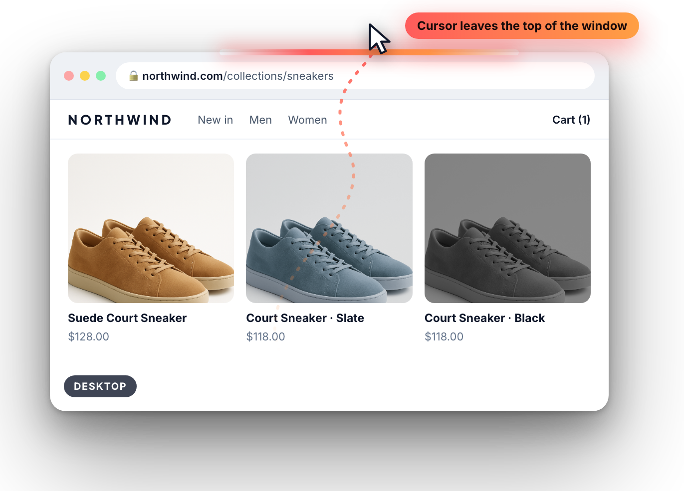 Desktop store page with the cursor leaving the top of the window