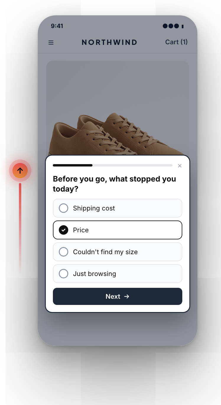 Exit-intent survey on a phone after a fast scroll up