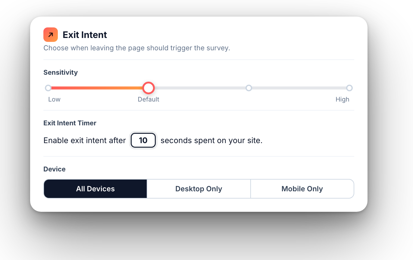 Exit intent settings: sensitivity, timer and device