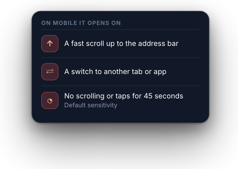 Mobile exit signals: fast scroll up, tab or app switch, idle