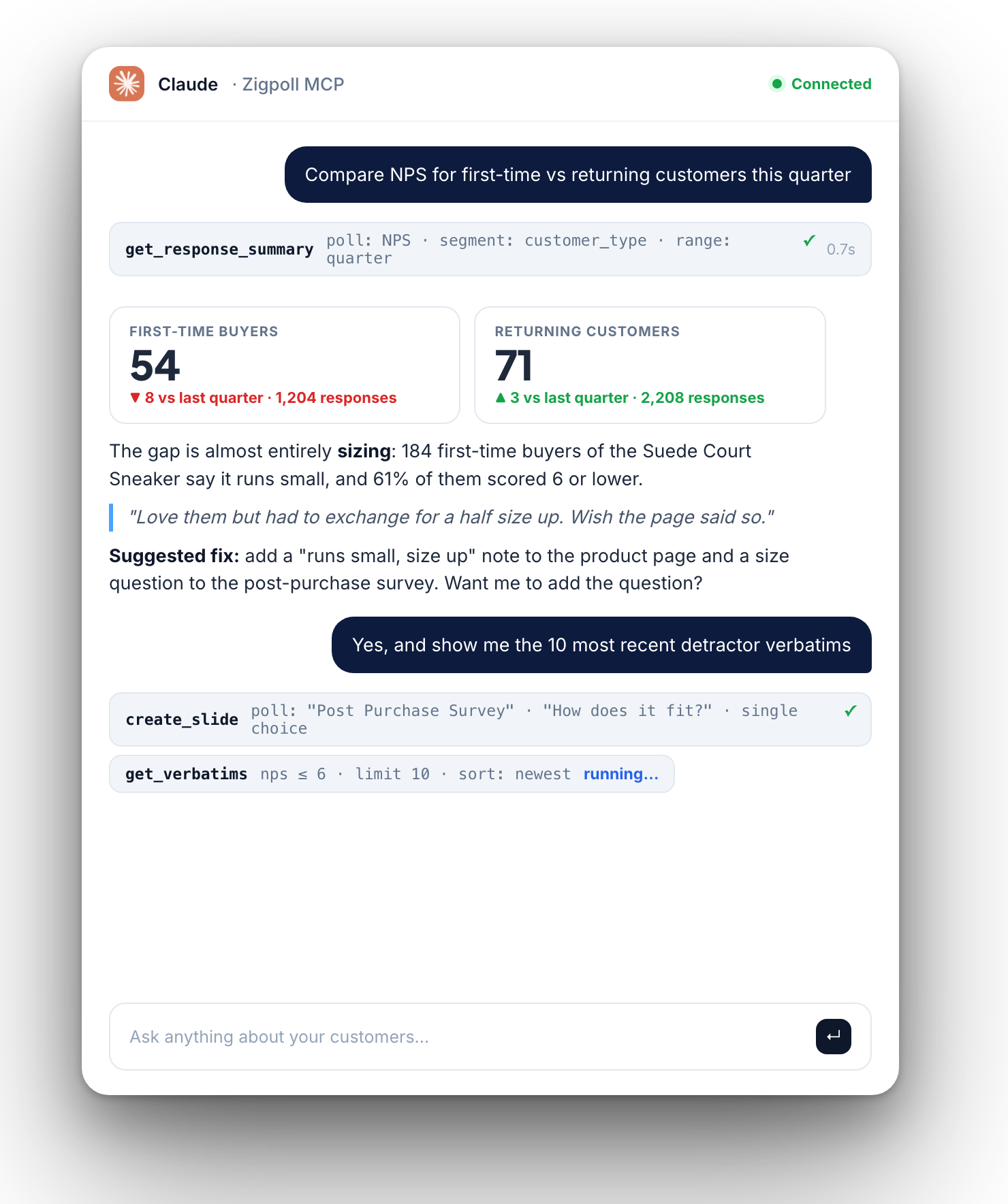 Claude comparing NPS for first-time and returning customers