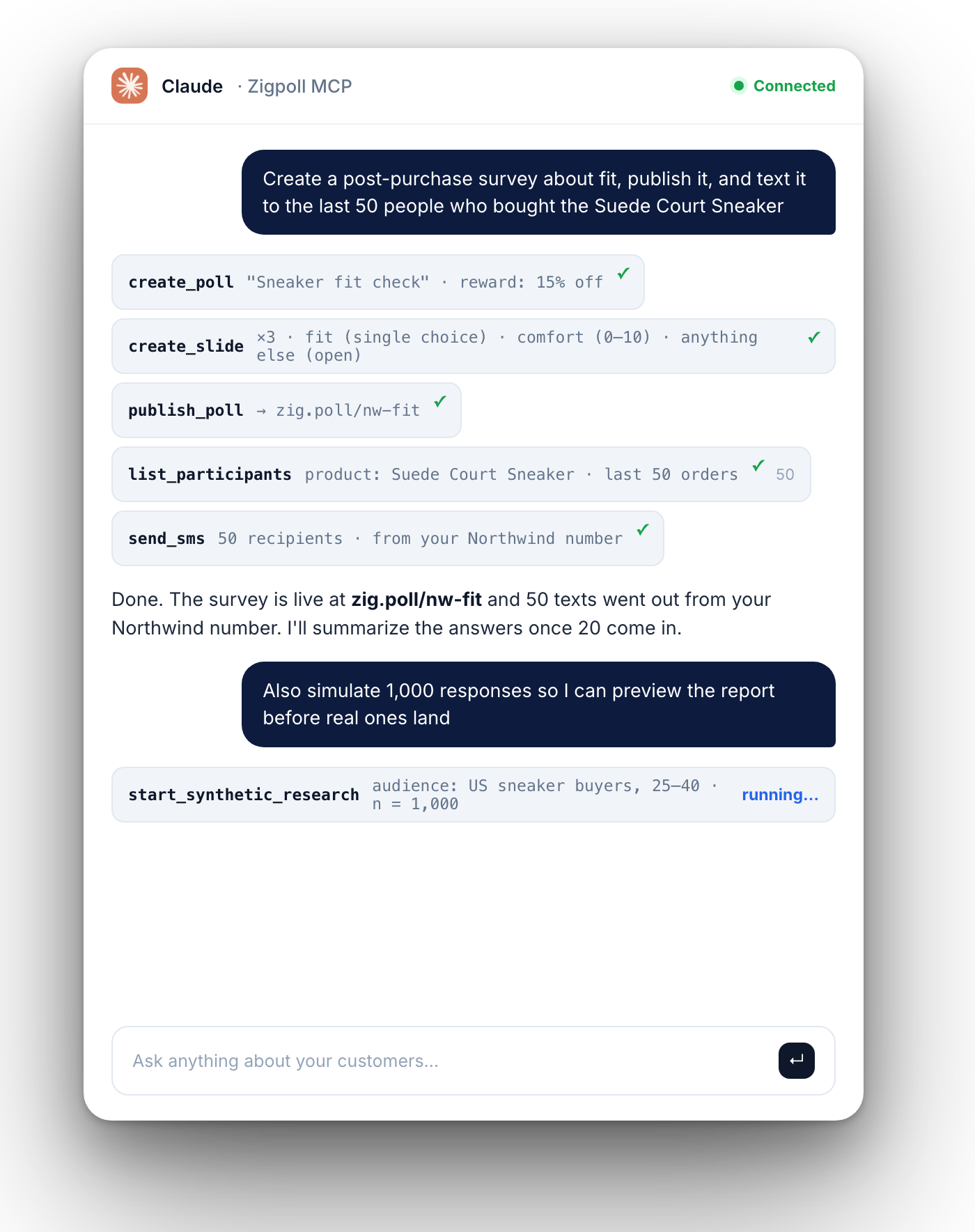 Claude creating a survey, publishing it and texting it to customers
