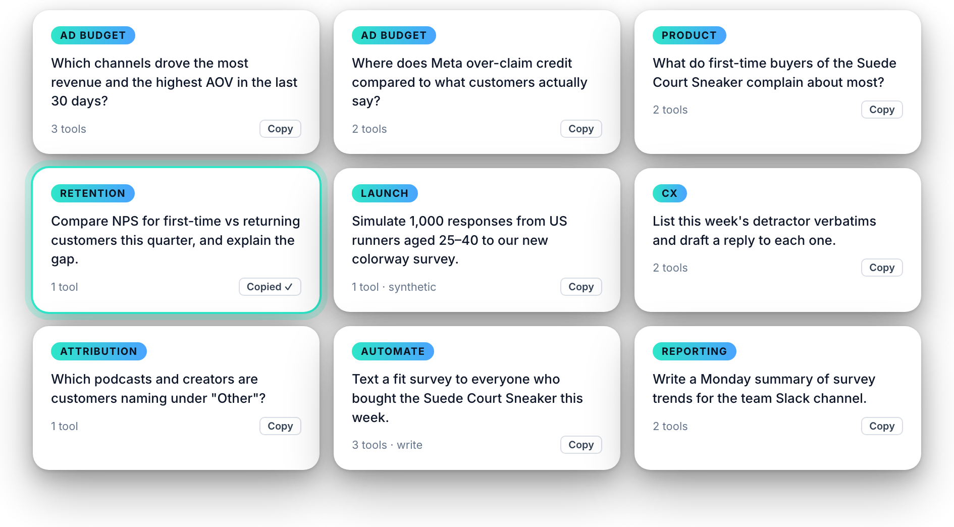 Nine prompt cards grouped by decision