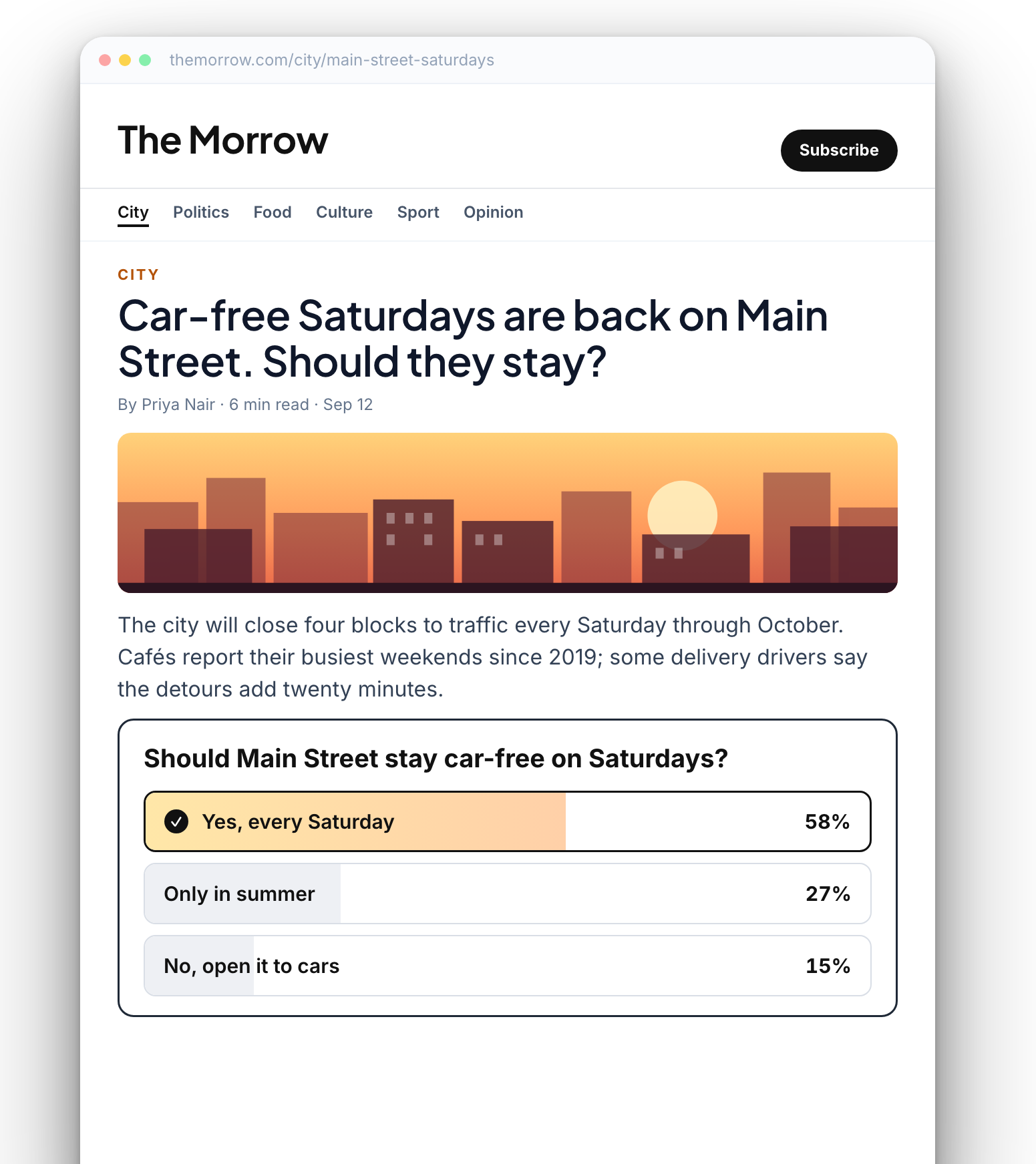 News article with an inline poll showing live results