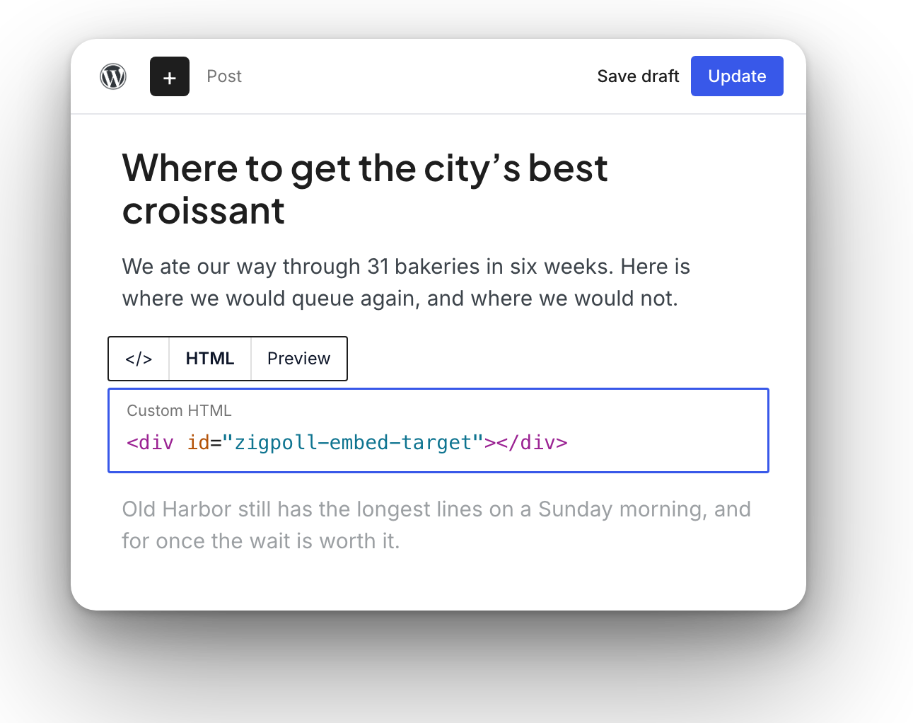 WordPress editor with a Custom HTML block holding the poll container