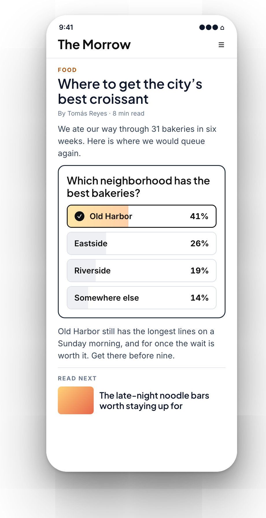 The published article on a phone with poll results inline