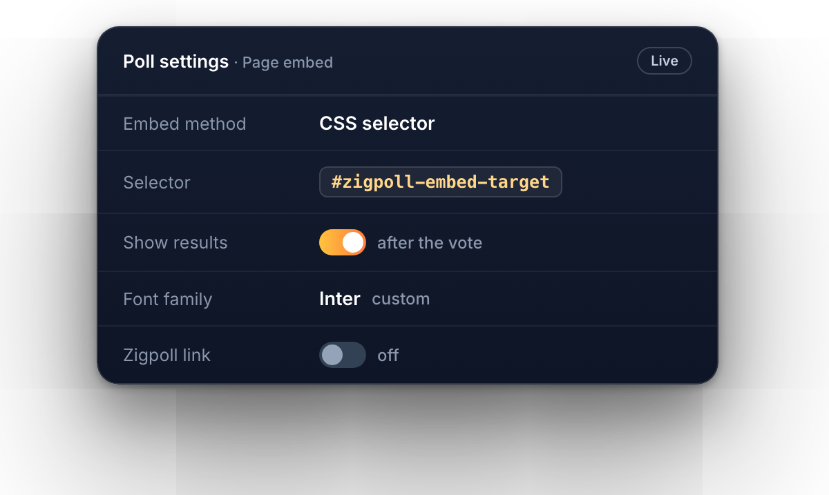 Poll settings: page embed, CSS selector, show results, custom font