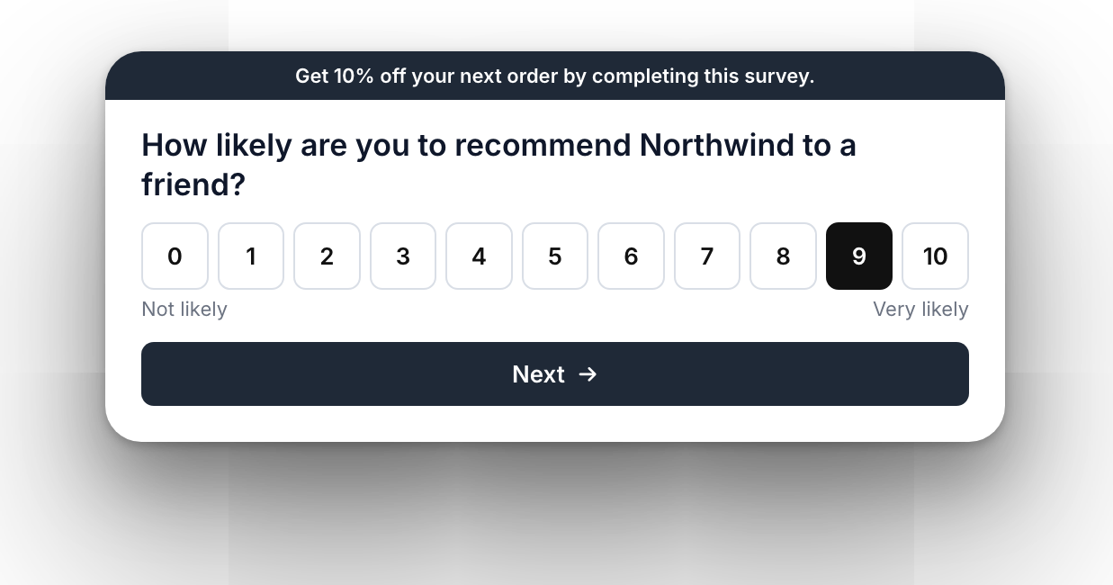NPS question with a 0 to 10 scale on the thank-you page