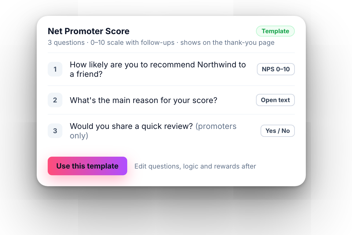 NPS survey template with three questions