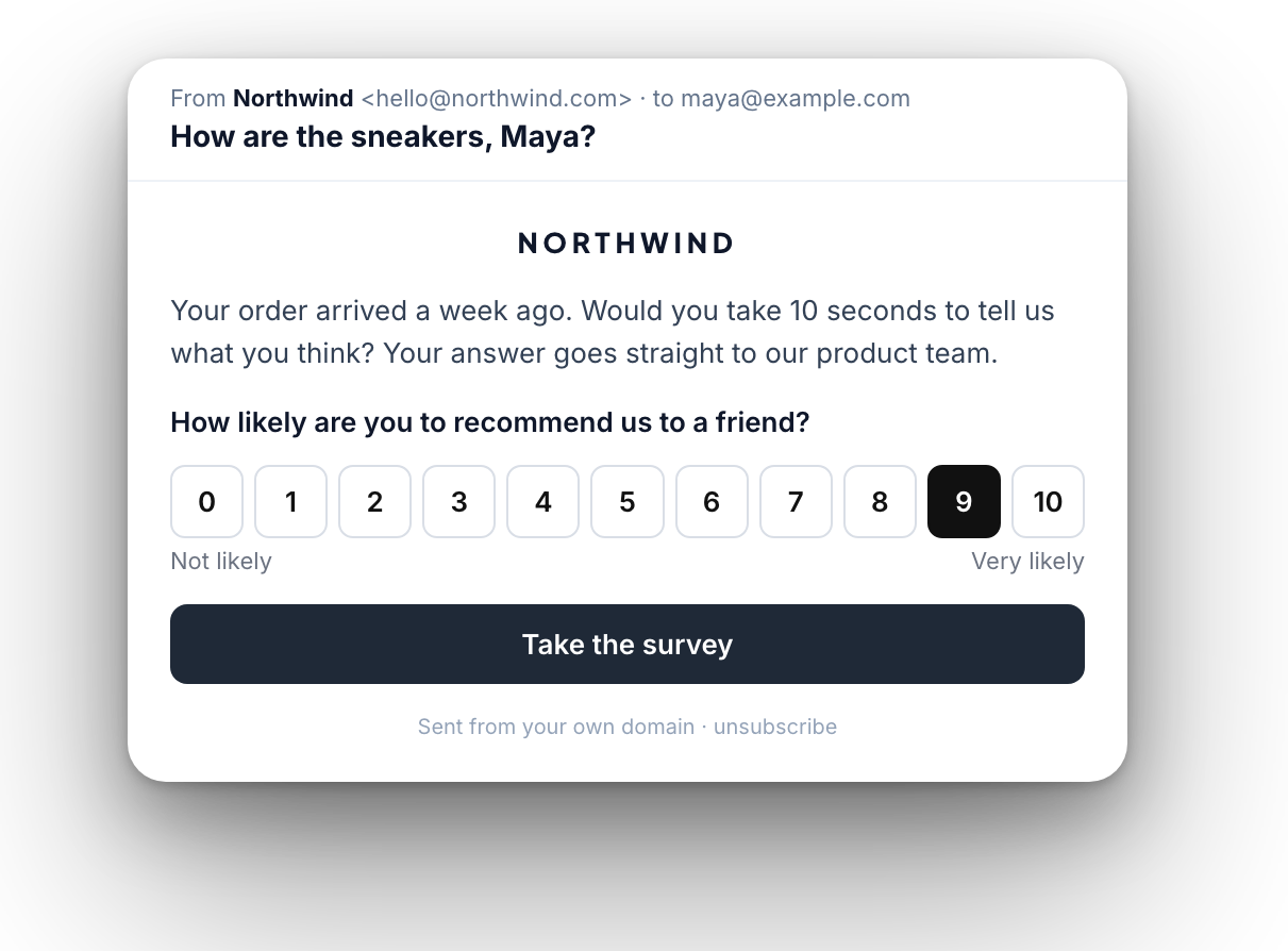 Branded email with the NPS question inside it