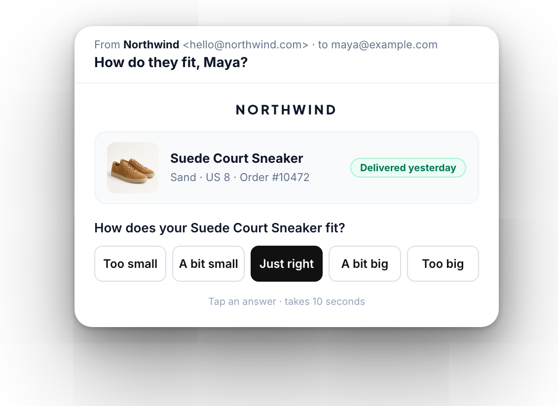 Email asking how the delivered sneakers fit