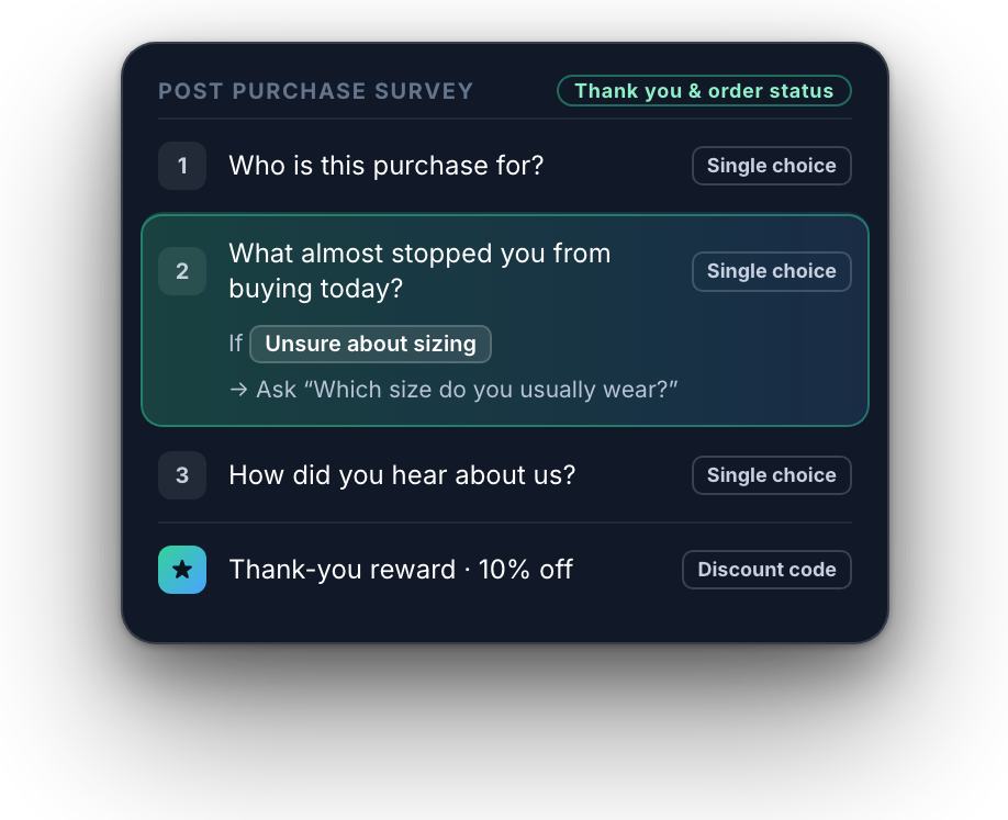 Survey questions with a follow-up for customers unsure about sizing