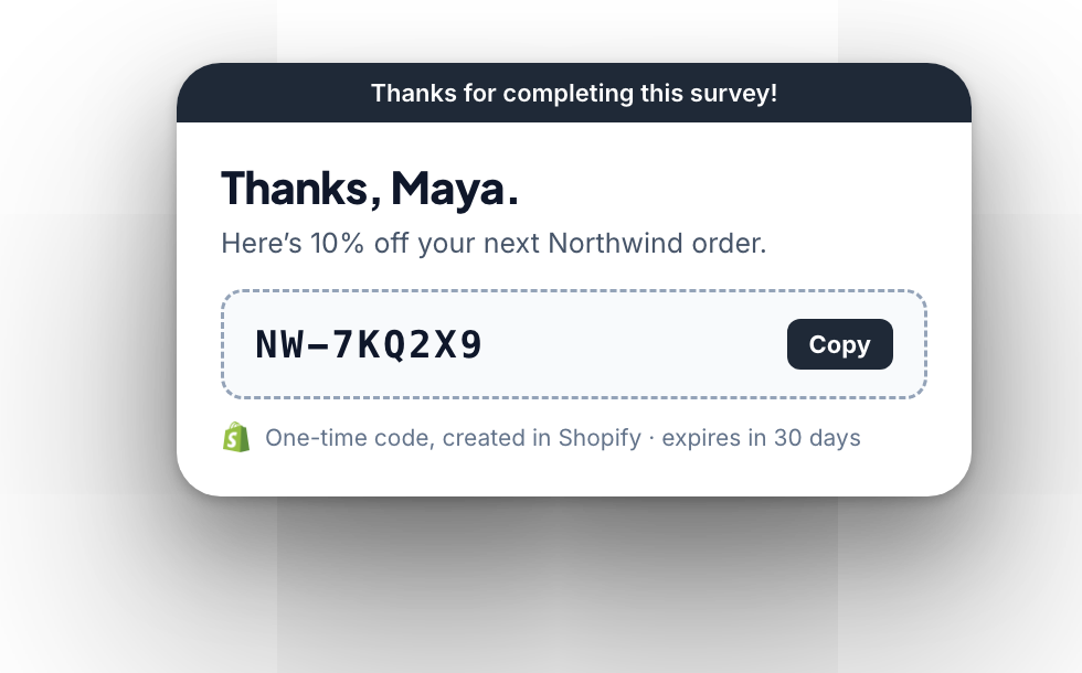 One-time discount code shown at the end of the survey