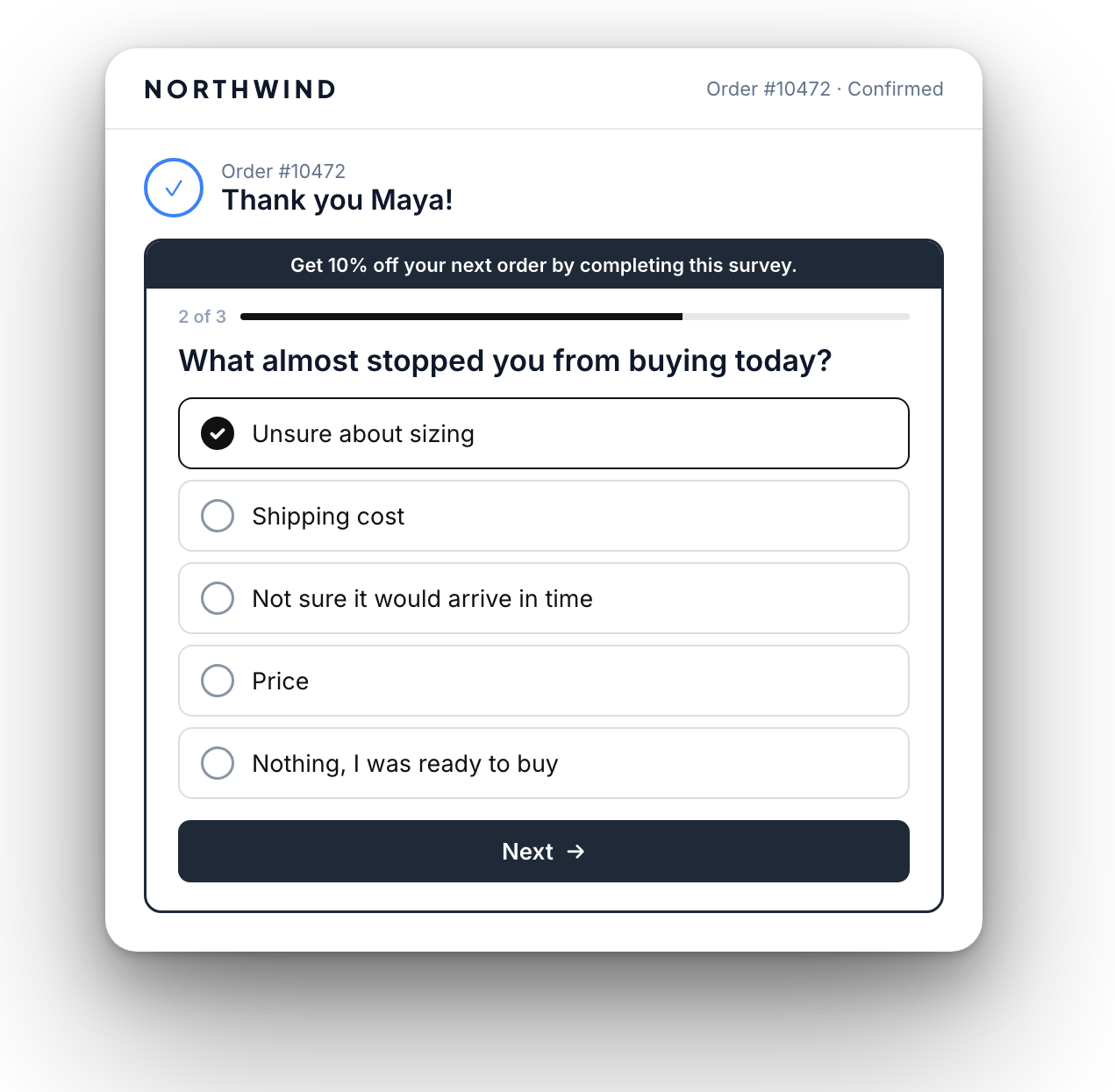 Thank-you page survey asking what almost stopped the customer from buying