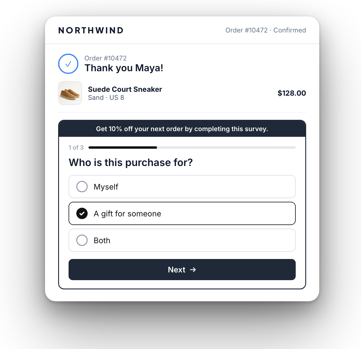 Survey on the Shopify thank-you page asking who the purchase is for