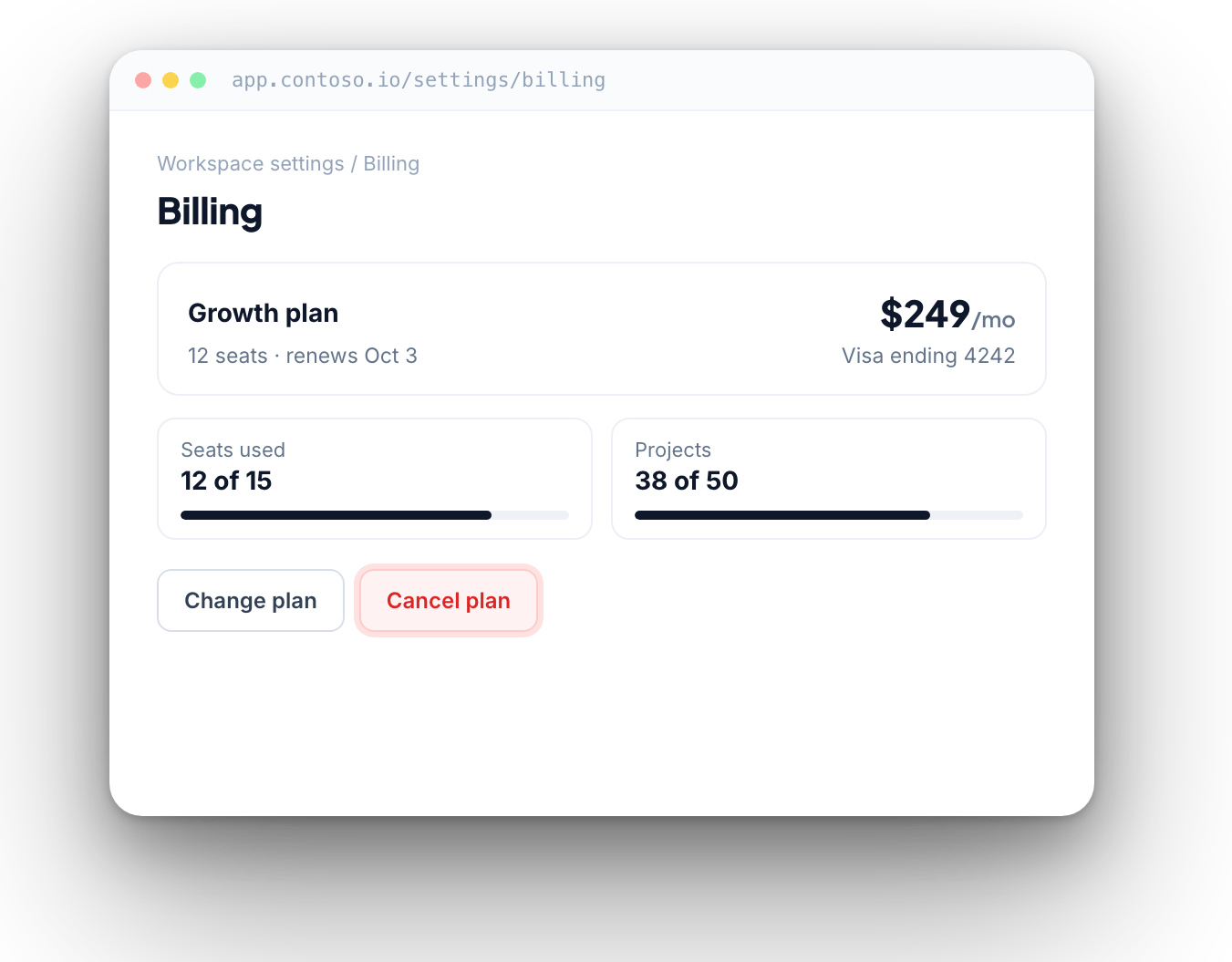 Billing settings page with a Cancel plan button