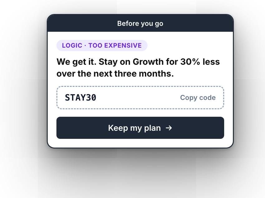 Follow-up shown for Too expensive: a promo code to stay