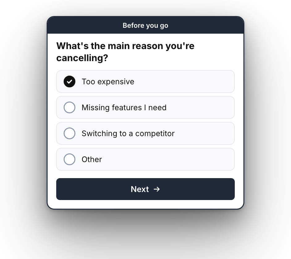 Cancellation survey asking for the main reason, with Too expensive selected