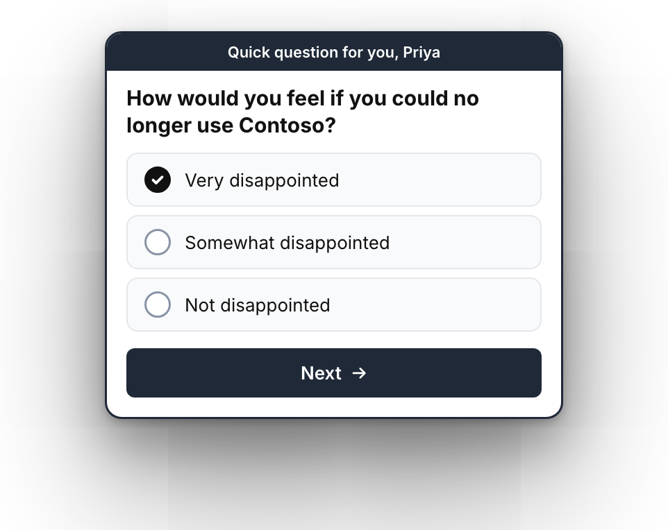 In-app survey asking how the user would feel if they could no longer use the product
