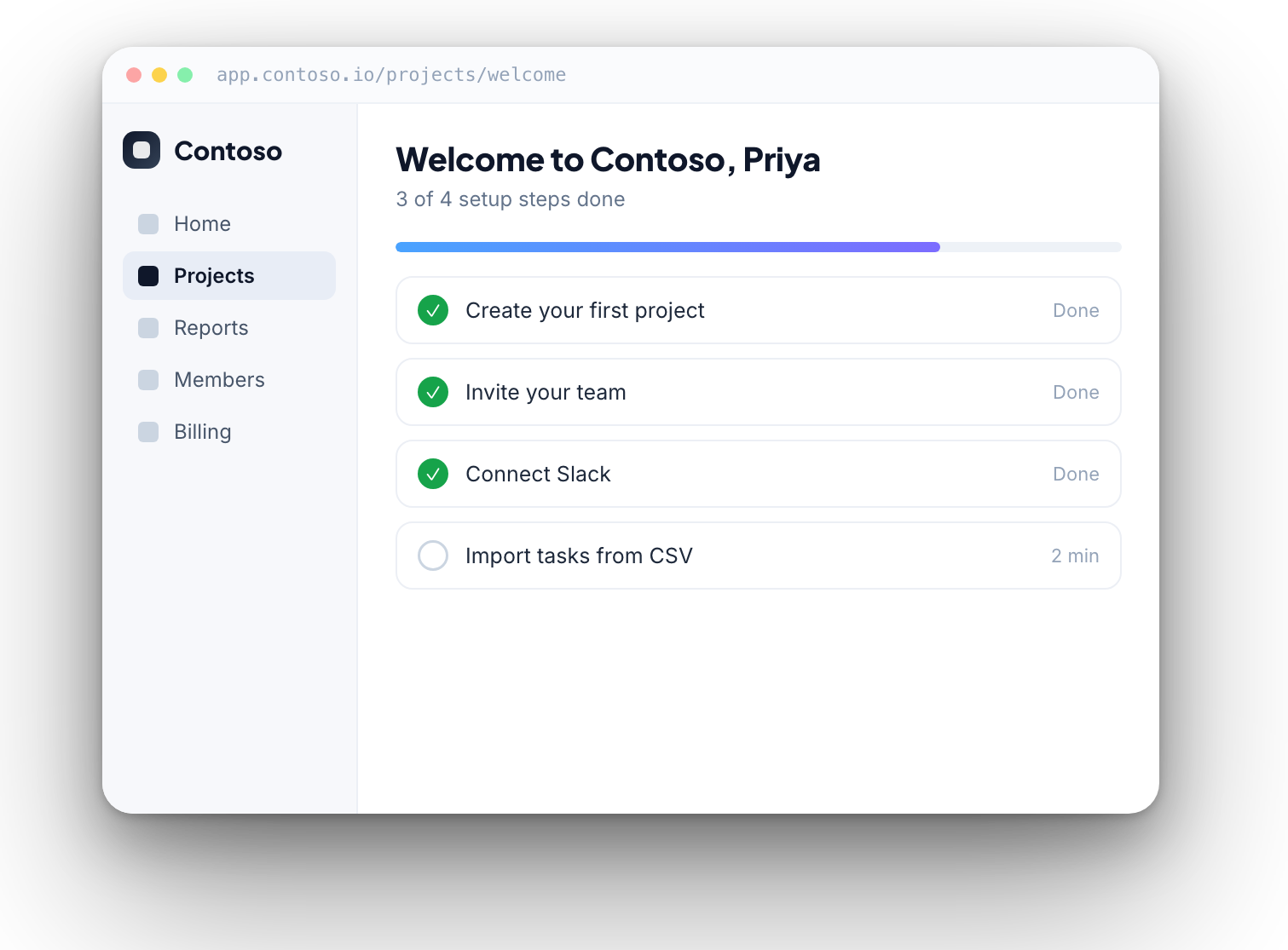 Onboarding checklist in a web app