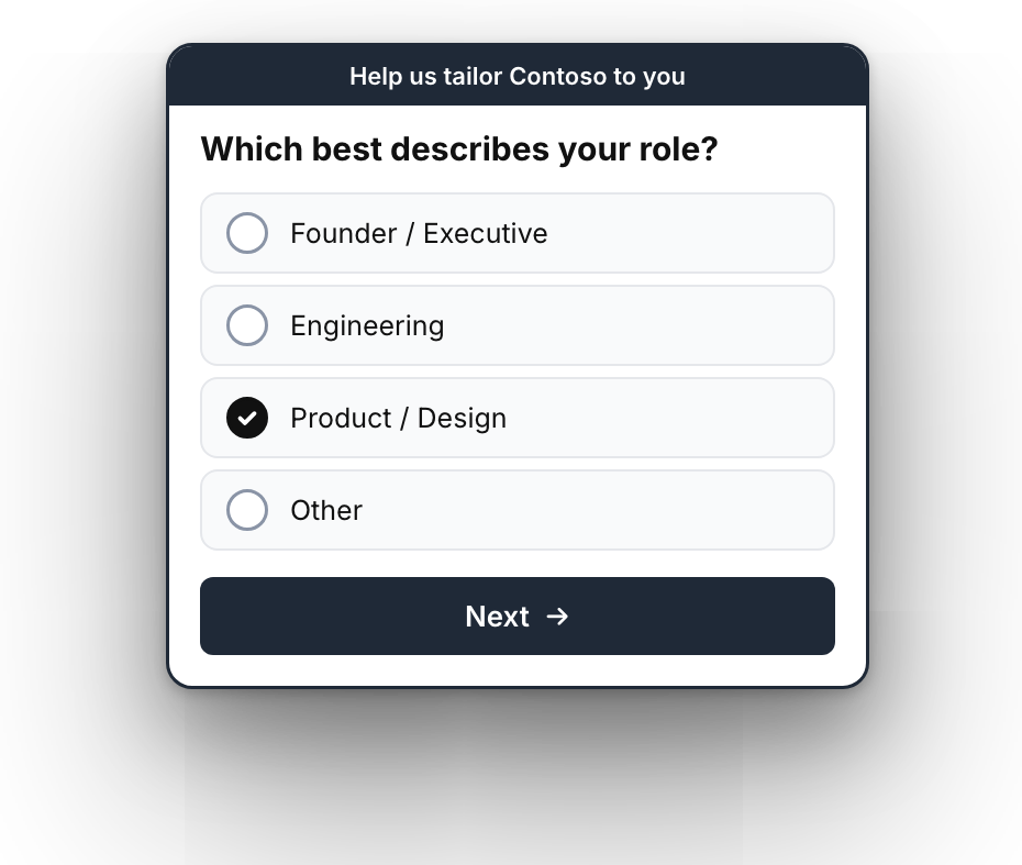 In-app onboarding survey asking which role best describes the user