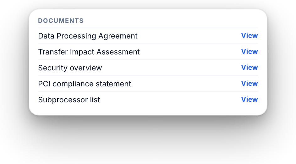 Documents: DPA, Transfer Impact Assessment, security overview, PCI statement, subprocessor list