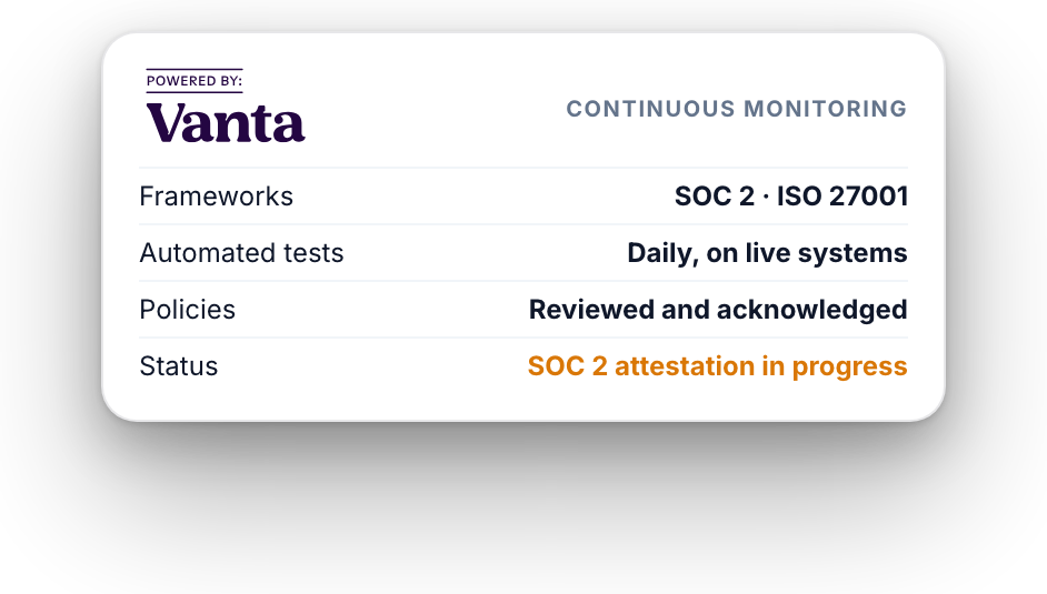 Powered by Vanta: continuous monitoring of SOC 2 and ISO 27001 controls